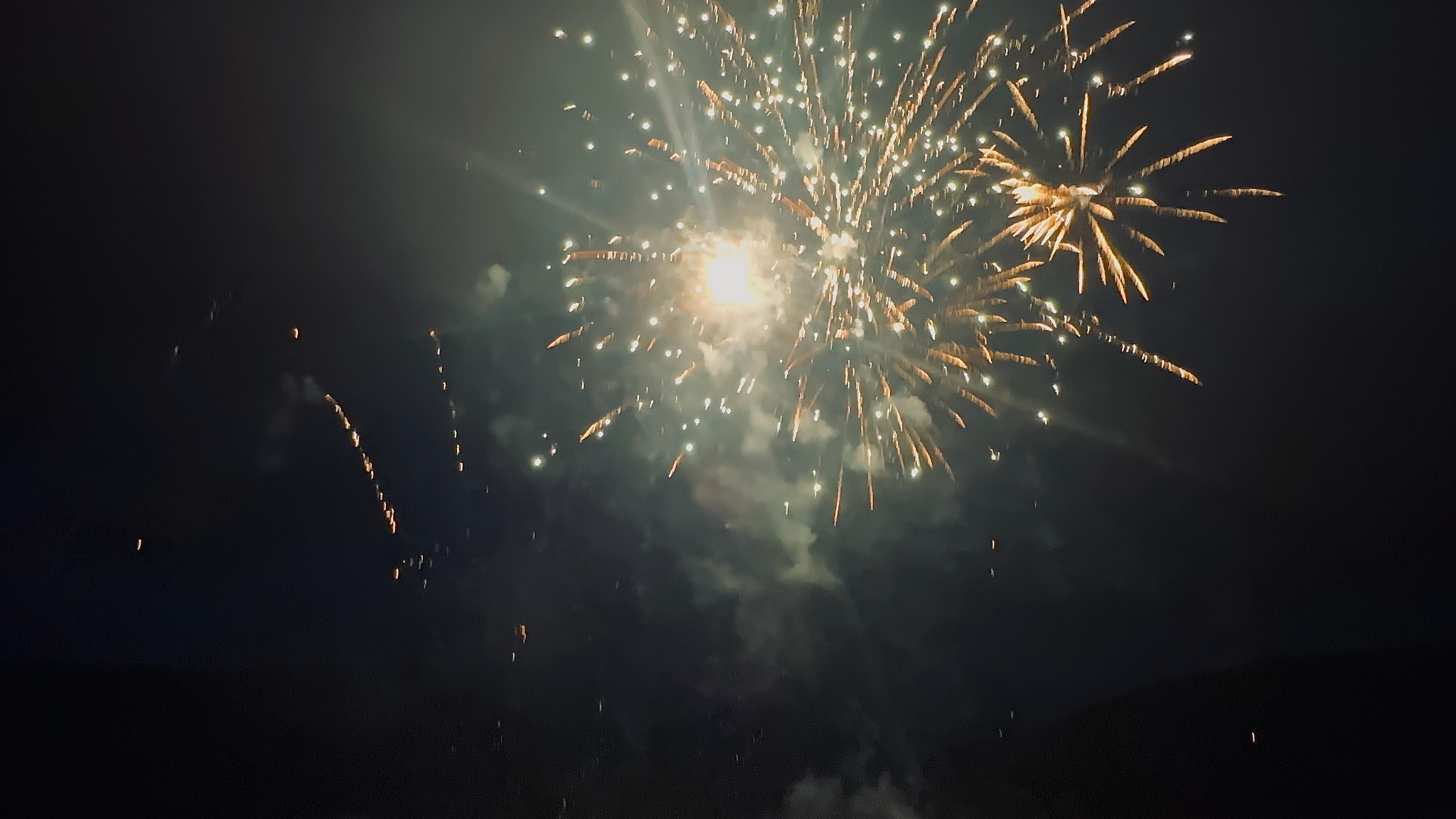 Golden fireworks bursting over the night sky